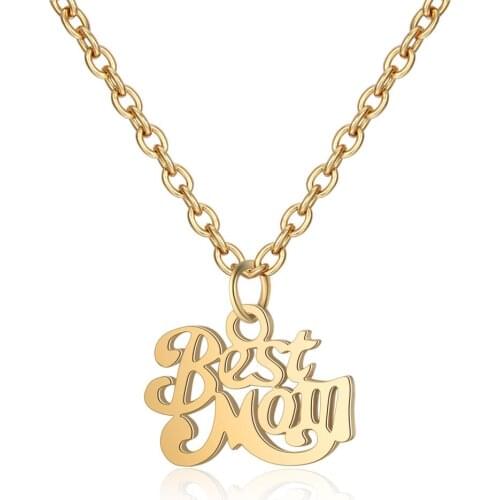 2019 316L Stainless Steel Best Mom Letter Charm Necklace Gold Steel Tone Long Chain Initial Necklace for Mothers Gift Jewelry