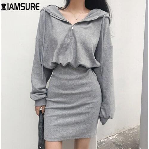 Casual Solid Zip Up Hoodie Dress Women Cotton High Waist Long Sleeves Bodycon Mini Buttocks Dresses Female 2020 Autumn Winter