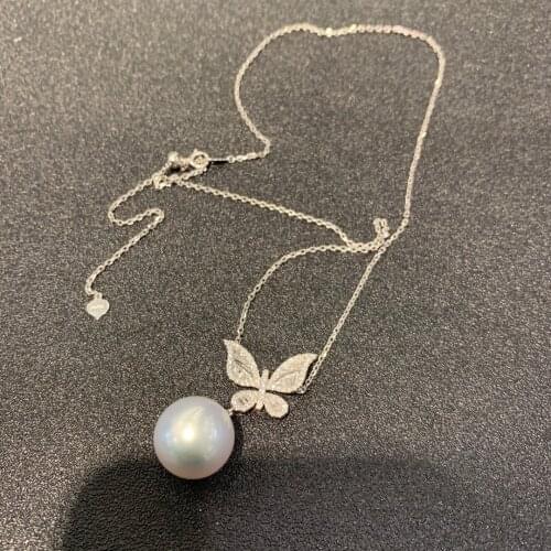Luxury jewelry genuine big southsea pearl pendant necklace 18K white gold with diamond butterfly adjustable chain high quality