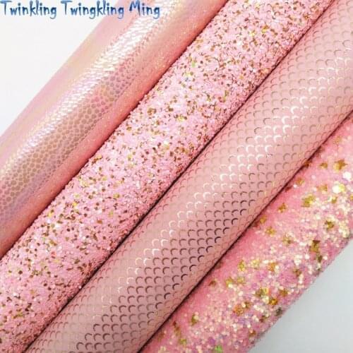 Pink Chunky Glitter Leather with Gold Butterfly, Mermaid Faux Fabric Iridescent Leather For Bow 21x29CM Twinkling Ming KM430