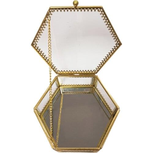 R58E Hexagon Gold Brass Glass Jewelry Trinket Box Jewelry Display Geometric Organizer