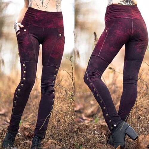 Nordic Viking Pirate Halloween Cosplay Costume Bottoms Women Gradient Buttoned Soldier Slim Sexy Leggings Panel Vintage Pants