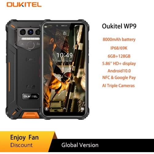 Oukitel WP9 Rugged Smartphone NFC 6GB 128GB 5.86"HD+ Android 10 4G LTE Mobile Phone 8000mAh 16M/8M Camera Octa Core Cellphone
