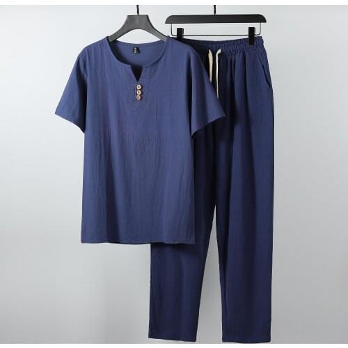 Mens Solid Color Clothing Plus Size Tracksuit Summer Suit Linen Cotton T-shirt Casual Male Set 7XL 8XL 9XL Big Two Pcs Men Set