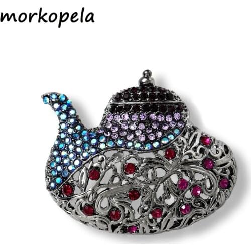 Morkopela Rhinestone Teapot Brooch Jewelry Luxury Brooches Clip Vintage Banquet Clothes Pin Accessories gift For Women Men