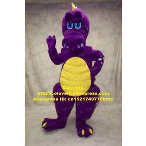 Polite Purple Dinosaur Dino Crocodile Crocodilian Alligator Cayman Mascot Costume With Round Blue Eyes Yellow Hairs No.7403 FS