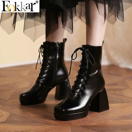 Eokkar 2021 Women Ankle Boots Square Toe Ankle Booties Patent Lether Block Heel Anke Boots for Women Pull on Chunky Heel Boots