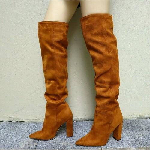Women Faux Suede Over The Knee High Slouchy Boots Pointy Toe Chunky Heel Slouch Long Boots Ladies Winter Heeled Shoes
