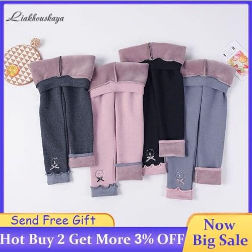 2020 Winter New Baby Girls Leggings Toddler Kids Velvet Thicken Warm Leggings Girls Bow Embroidery Skinny Trousers 2-13 Years