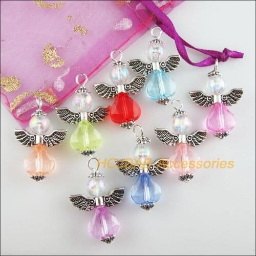 8Pcs Tibetan Silver Tone Angel Mixed Acrylic Heart Charms Pendants 21.5x33mm