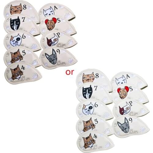 9 Pcs Portable Golf Club Headcovers Cute Cartoon Cat Pattern PU Waterproof Fairway Hybrid Putter Cover Set Vintage