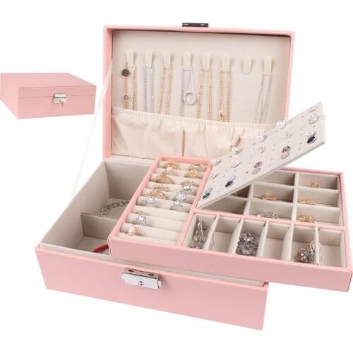 PU Large Creative Jewelry Box for Women Girls, Double-Layer Lockable