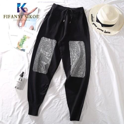 Black High waist Harem pants Women Elastic Knitting Sweatpants Fashion Beaded Casual Joggers Female Long Trousers High quality