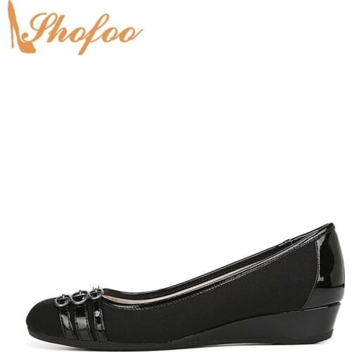 Black Pumps High Wedges Heels Women Round Toe Slip On Large Size 13 15 Lady Spring Fashion Buckle Strap Decoration Shoes Shofoo