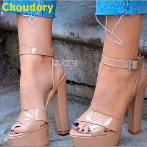 Choudory Toq Quality Platform Cross Strappy Sandals Square Heel Buckle Strap Vogue Dress Shoes Plus Size Gladiator Banquet Pumps