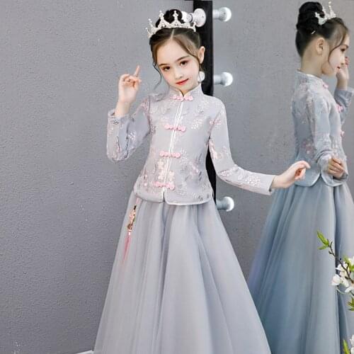 Gray Child Princess Party Performing Lace Embroidery Dresses Birthday Girls Dresses qipao modern vestidos de festa chinos