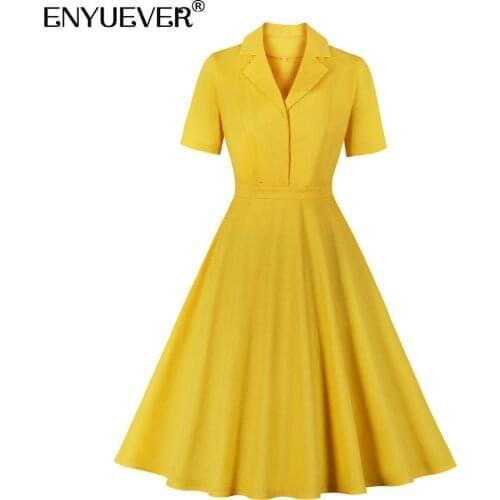 Enyuever Yellow Summer Dress Women Clothes Short Sleeve Turn Down Collar Cotton Robe Pin Up Swing Vintage Dresses 50s 60s Retro