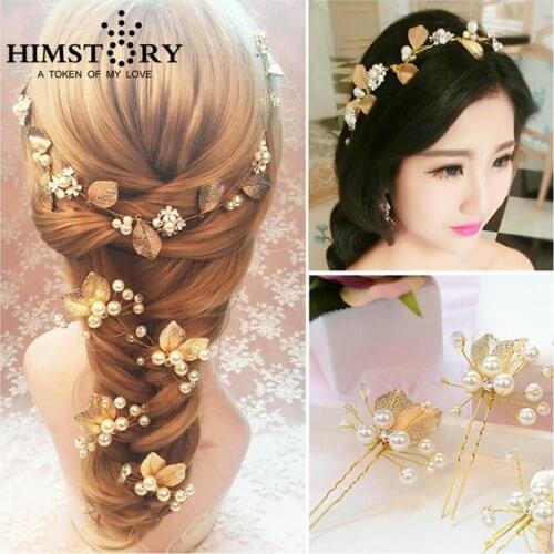 HIMSTORY Beautiful 6pcs/Set Handmade Wedding Pearl Headdress flower Rhinestone Hairwear Gold Wedding Hairpins Accessories