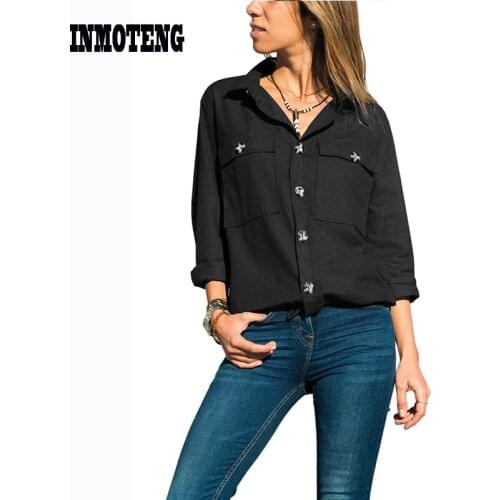 INMOTENG Green/Black Buttoned Shirt with Pockets Women Spring Autumn Long Sleeve Turn Down Collar Girl Blouse Tops Clothing