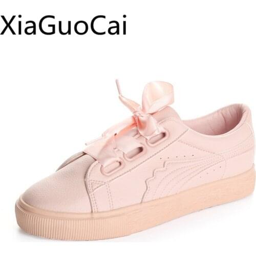Pink Lace Up Breathable Women Flat Casual Shoes Platform Female Casual Sneakers Pu Leather Sewing Flats