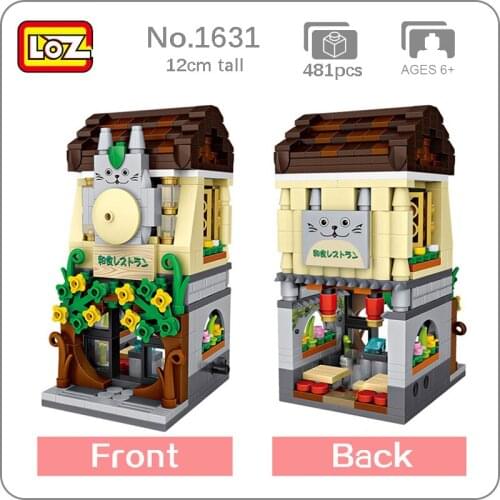 LOZ 1631 City Street Cat Sushi Food Shop Restaurant Architecture Model DIY Mini Blocks Bricks Building Toy for Children no Box