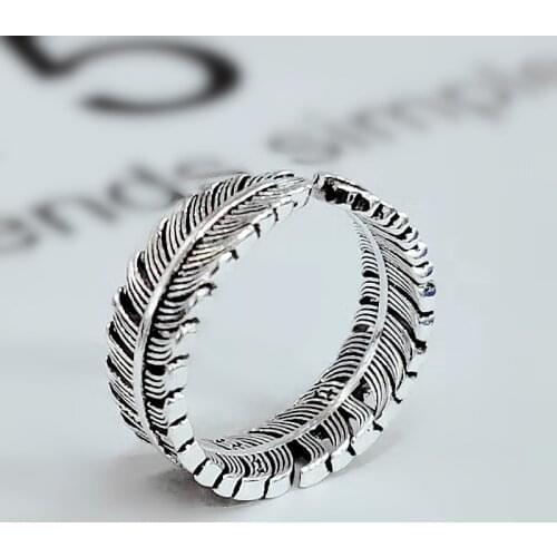 Fashion Vintage Retro 925 Silver Finger Open Feather Shape Rings Jewelry
