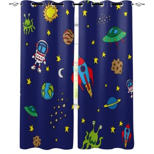 Cartoon Space Astronaut Aircraft Rocket Moon Windows Window Curtain for Kids Room Bedroom Curtain for Girls Colorful cortinas