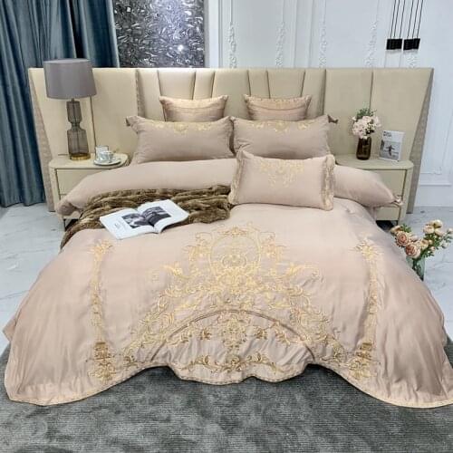 New Luxury Champagne 600TC Satin Silk Cotton Gold Royal Embroidery 4Pcs Bedding Set Duvet Cover Flat/Fitted Sheet Pillowcases