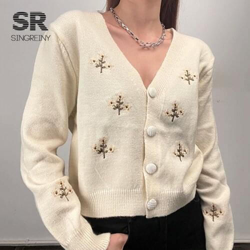 SINGREINY Autumn Embroidery Knitted Cardigan Women Long Sleeves V Neck Knit Tops Winter Korean Short Sweater Warm Outerwear