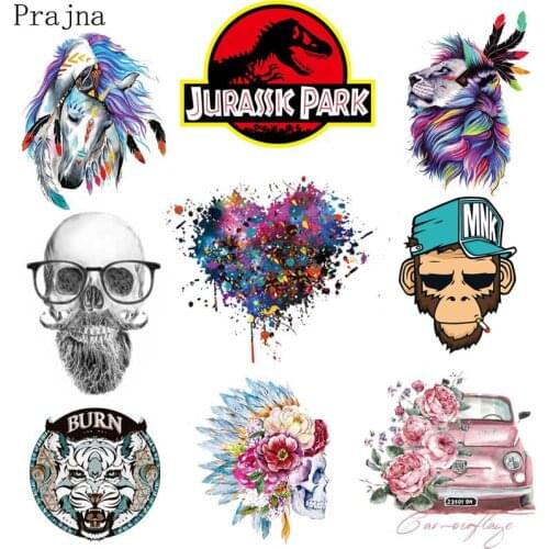 Prajna Skull Tiger Iron Sticker PVC Patch Iron-on Transfer Jurassic Heat Transfer Patch For Shirt Clothes Applique Accessories