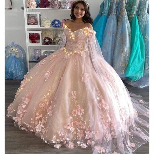 Romantic Blush Pink Embroidered Quinceanera Dresses 2021 Ball gown with Cape Robe 3D Floral Flowers Beaded Long Ruffled Sweet 15