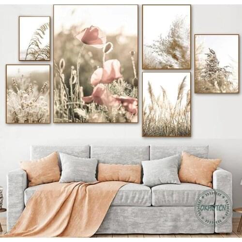 Nordic Autumn Nature Landscape Poster Withered Grass Reed Poppy Flowers Canvas Painting Wall Pictures Scandinavian Home Decor
