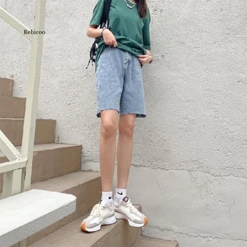 Womens Belt Five-Point Shorts Jeans High Waist Loose Straight-Leg Frayed Hem Personality All-Match Multicolor Denim Shorts Thin