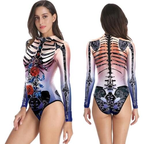 2021 New Halloween Gothic Womens Swimsuit Dark Skull Rose Print Bathing Summer Beach Tight All-in-One Swimsuit