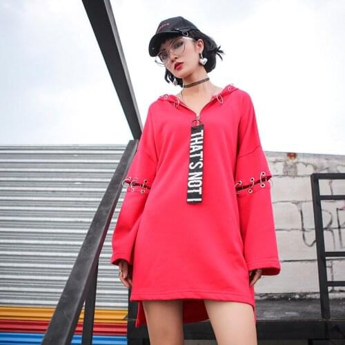 TREND-Setter 2018 Autumn Hip Hop Style Red Sweatshirt Women Matel Ring Pullover Hooded Splicing Sleeve Loose Hoodies
