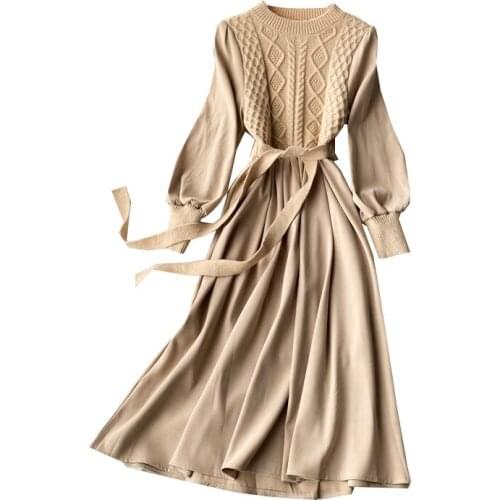 Autumn Winter Brown/Beige Knit Patchwork Dress For Women Casual O-Neck Long Sleeve Bandage Vestidos Female A-Line Robe Fashion
