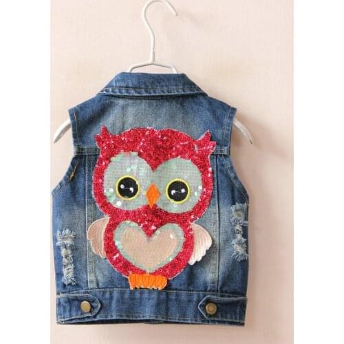 Baby Girls Boys Vests Children Fashion Cartoon Sequin Owl Pattern Jeans Vest Kids Spring Autumn Cotton Denim Waistcoat 2-6 Years