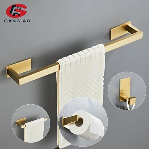 Gold Bathroom Hardware Set Paper Holder Towel Rack Robe Hook Towel Bar Stainless Steel Bathroom Accessories without nails