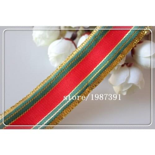 10yards/lots Ribbons 3cm green and red with gold side stripe pattern LS-9636