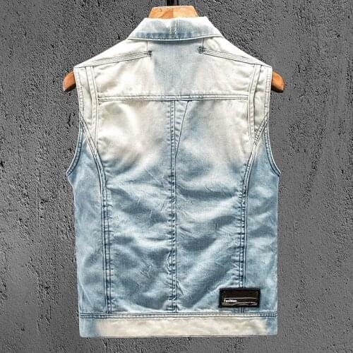 Biker Denim Vest Men Casual Slim Sleeveless Vintage Cowboy Jacket High Street Single Breasted Pocket Short Waistcoat Light Color