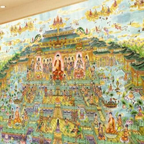 Custom Size PVC Large Wallpaper Mural Buddhist Western Paradise Wallpaper Full Buddha Figure Ten Thousand Buddha Temples
