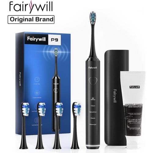 Fairywill Pro P9 Quieter Electric Toothbrush 4 Replacement Heads Rechargeable 5 Modes Smart Timer with Travel Case& Toothpaste