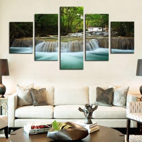 Canvas Wall Art Waterfall Lake Nature Painting Modern Large Canvas Artwork Contemporary Pictures Green Trees Forest Decoration