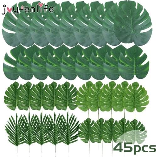 45pcs Artificial Palm Leaves for Hawaiian Party Plastic Artificial Tropical Plants For Table Decoration Home Garden Decoration
