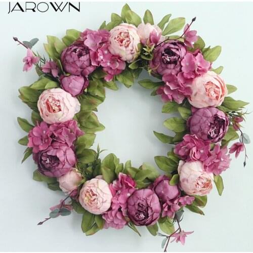 JAROWN Artificial 45cm Silk Peony Flower Straw Weaving Wreath Wedding Background Decoration Garland Door Decor Wall Decorations