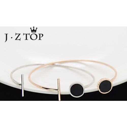 JZTOP Black Round Rose Gold Color Geometry Bangle For Woman Stainless Steel Open Adjustable Bracelet Girl Silver Color Jewelry