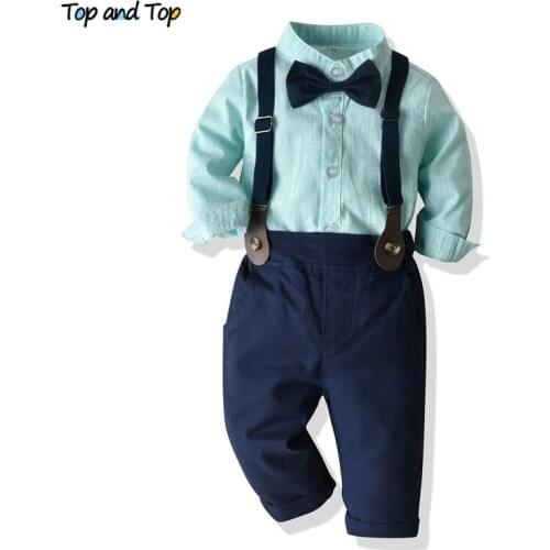 Top and Top Fashion Children Boys Clothing Set Striped Bowtie Shirts+Suspender Pants Gentleman 2Pcs Suits Kids Boys Clothes