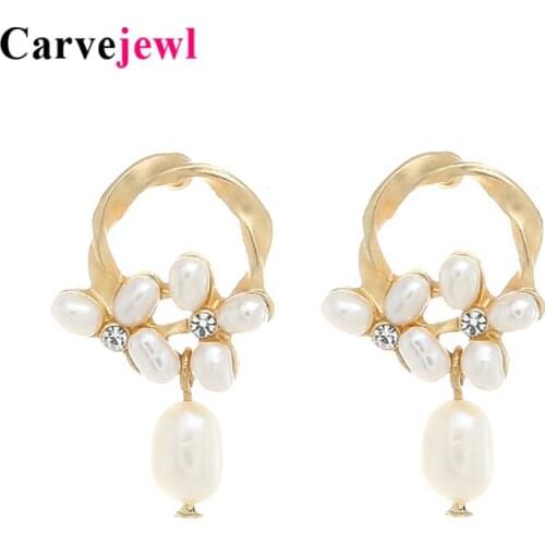 Carvejewl Trendy Korea Design Gold plating earrings braided Circle Natural Freshwater Pearl dangle Earrings for Women Girl Gift