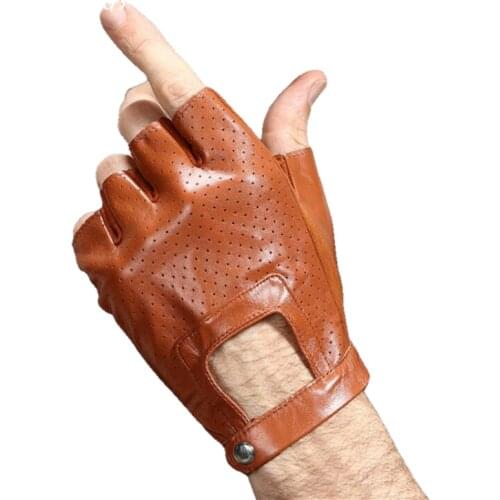 Mens Half Finger Real Leather Gloves Black Camel Driving Sheepskin Gloves fingerless tactical gloves