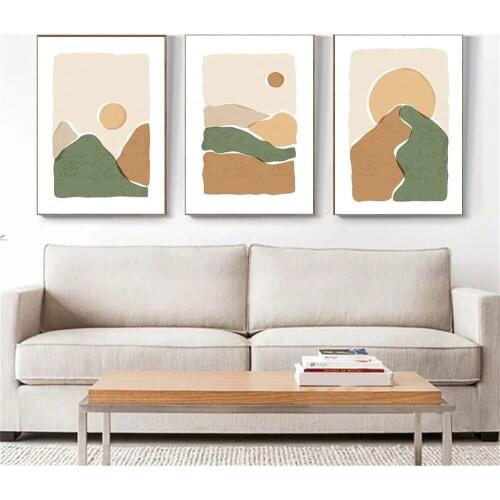 Abstract Sun Mountain Wall Art Poster Landscape Art Prints Beige Green Orange Canvas Painting Nordic Pictures Living Room Decor